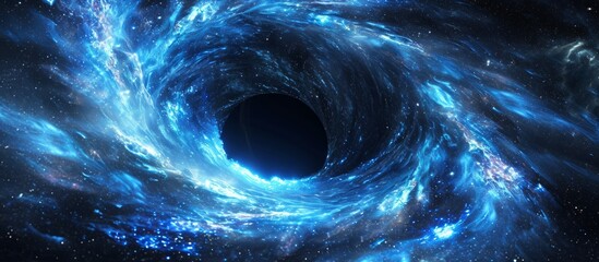 Computer generated 3D rendering of black hole formed by merging blue glowing spinning neutron stars.