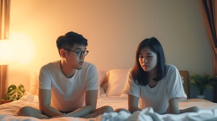 marriage problem relationship difficulties concept - asian young couple sitting separately on bed are sad after having argument and angry conflict : Generative AI