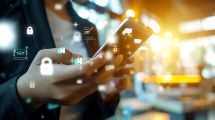 Businessman online using mobile banking payment with financial application icons. Financial innovation technology develop smart e commerce service and growth digital transaction. Digit : Generative AI