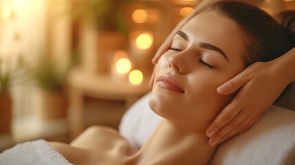 Obraz na płótnie Canvas Young woman enjoying massage in spa salon : Generative AI