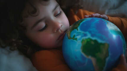 Young child hugging a globe earth toy plushie on World Earth Day. Child caring for the earth. Sustainable living.