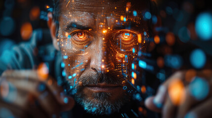 A man gazes into the camera with a futuristic allure, his eyes ablaze in an orange glow, symbolizing the growth of AI, computers, and software in the current era.