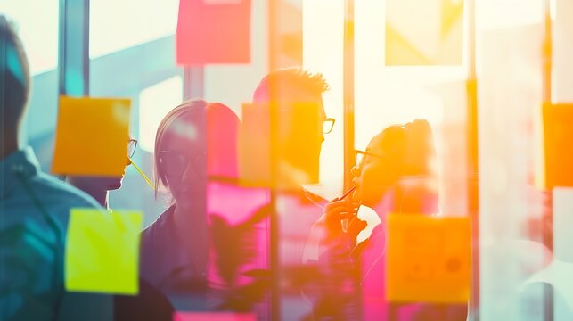 Group of business people brainstorming with sticky notes on glass window : Generative AI