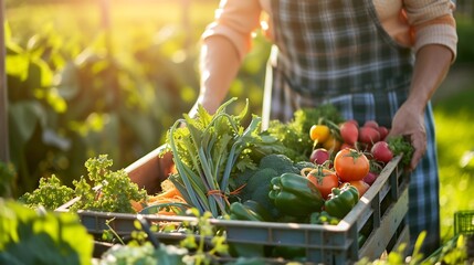 Vegetable farmer arranging freshly picked produce into a crate on an organic farm. Self-sustainable female farmer gathering a variety of fresh vegetables in her garden during harvest s : Generative AI