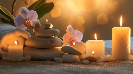 Spa still life with spa stones,burning candles and orchid. : Generative AI