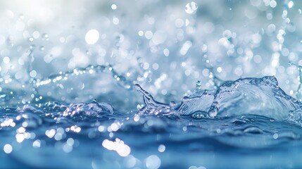 Naklejka na ściany i meble De-focused blurred transparent blue colored clear calm water surface texture with splashes and bubbles. Trendy abstract nature background. Water waves in sunlight with copy space. : Generative AI