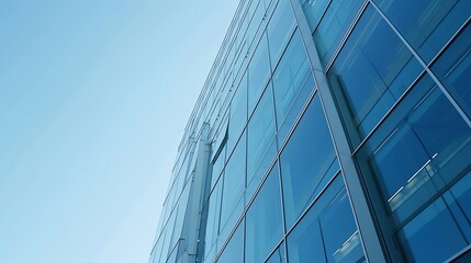 Modern office building with glass facade on a clear sky background. Transparent glass wall of office building. : Generative AI