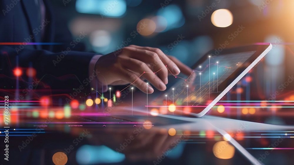 Poster Businessman using tablet analyzing sales data and economic growth graph chart and block chain technology on global network on dark background. : Generative AI