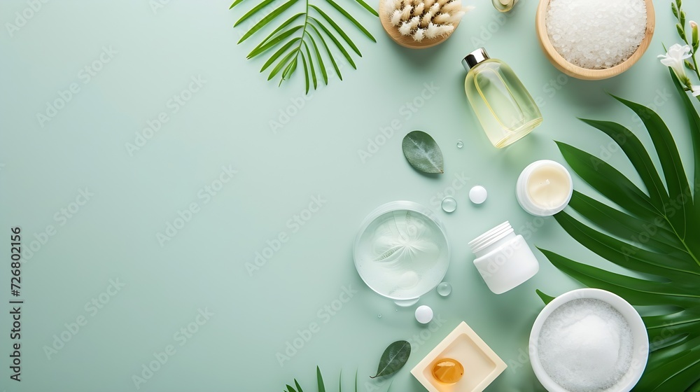 Poster spa cosmetic products concept, spa background with a space for a text, flat lay, view from above : g
