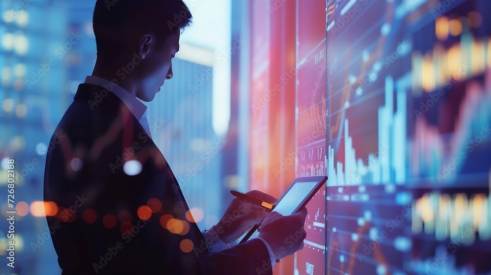 Poster finance trade manager analysing stock market indicators for best investment strategy, financial data