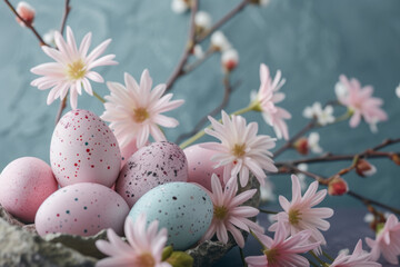 Obraz na płótnie Canvas Colorful Easter eggs in bright soft pastel colors. Happy Easter and spring holidays concept. Copy space.