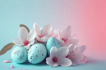 Colorful Easter eggs in bright soft pastel colors. Happy Easter and spring holidays concept. Copy space.