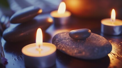 Obraz na płótnie Canvas Zen stones and aromatic candles on table,Zen concept. : Generative AI