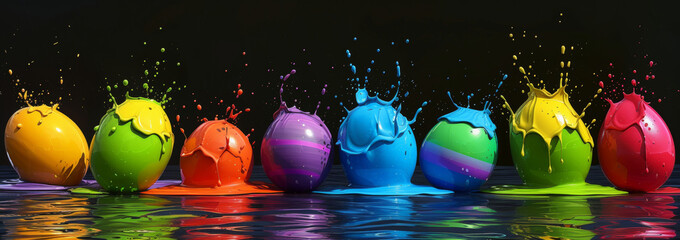 Colorful Easter eggs in a splash of bright bold paint on black background. Happy Easter and spring holidays concept. Copy space.