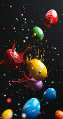 Colorful Easter eggs in a splash of bright bold paint on black background. Happy Easter and spring holidays concept. Copy space.