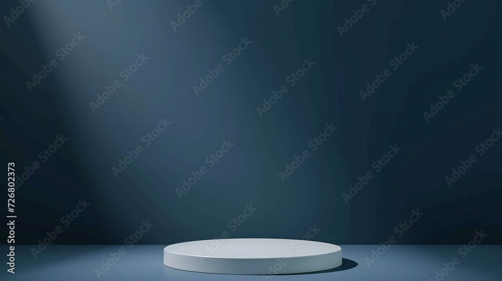 Poster empty white round podium and deep shadows on dark blue background. showcase for product presentation