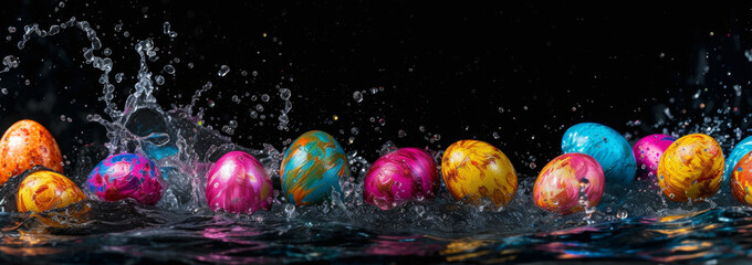 Colorful Easter eggs in a splash of bright bold paint on black background. Happy Easter and spring holidays concept. Copy space.