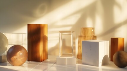 Various objects on a white tile background with warm sunlight shining through : Generative AI