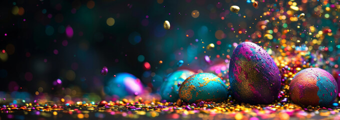 Colorful Easter eggs in a splash of bright bold paint on black background. Happy Easter and spring holidays concept. Copy space. - obrazy, fototapety, plakaty