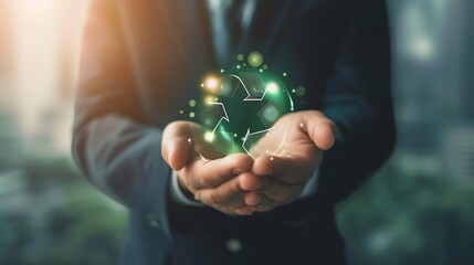 businessman holding circular economy icon Circular economy concept for future business growth and environmental sustainability and reduce pollution for future business and environmenta : Generative AI