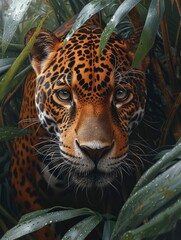 jungle shot, acrylic painting, jaguar facing camera, full body pose, focus on jaguar - generative ai