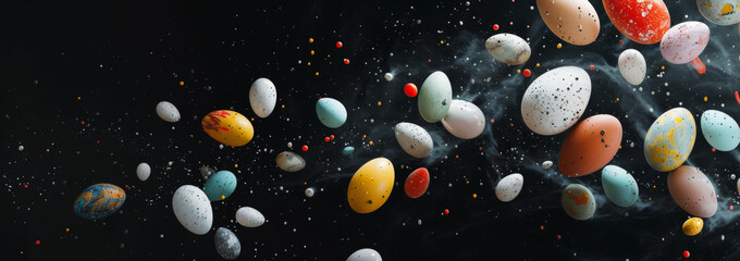 Easter Eggs in the Universe. Colorful eggs float in front of a black background.