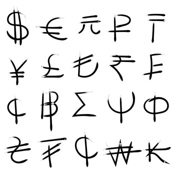world currency. world currency signs, currency symbols, money, business, currency symbols drawn by hand. money symbols. dollar, euro, yen, pound