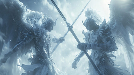 A duo of Gothic warrior angels one wielding a spear and the other a pair of fierce looking daggers prepare to charge into battle.