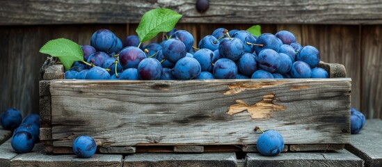 Wooden crate containing ripe blue plums in a rustic arrangement.