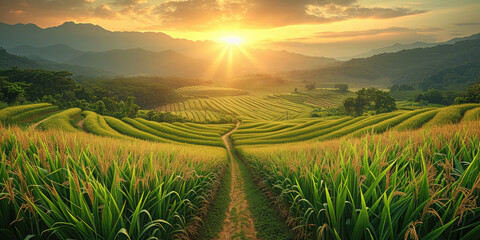 sugar cane fields at sunset or sunrise - obrazy, fototapety, plakaty