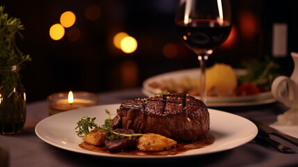 A Portrait of a juicy Tenderloin Steak next to sides, WIne on the Table. Cozy and warm atmosphere.