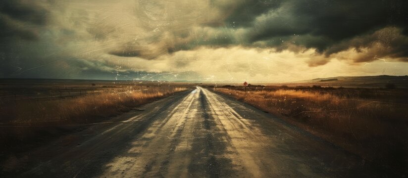 Stormy road pictured with added grain and texture.