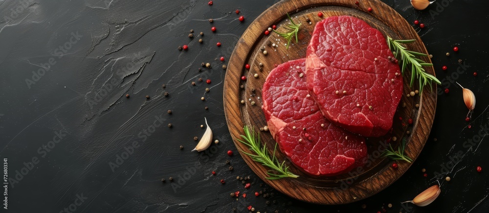 Canvas Prints Raw beef fillet on wooden plate with seasoning, surrounded by peppercorns, on black background.