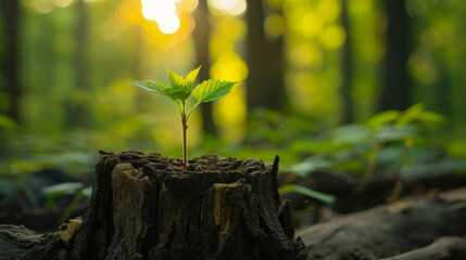 Green Plant Emerging From Tree Stump in Forest