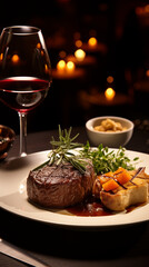 A Portrait of a juicy Tenderloin Steak next to sides, WIne on the Table. Cozy and warm atmosphere.