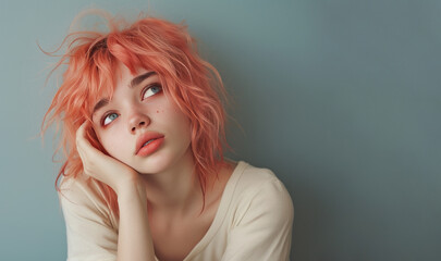 A cute young girl with pink hair is posing on a grey background, in a colorist style, with light orange and light indigo colors, featuring volumetric lighting, with a smokey background. - obrazy, fototapety, plakaty