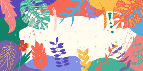 Abstract summer design-background with multicolored tropical leaves and flowers, dots. Colorful vector illustration done in green, beige, orange, yellow, violet colors. For cards, banners, wallpaper