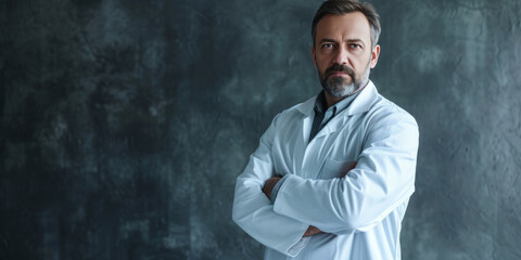 A man wearing a white coat is posing with his arms folded, presented in the style of clever wit and modern.