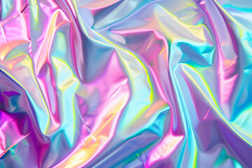 A dynamic and colorful abstract holographic image with a fluid and glossy surface of blue, pink, and yellow hues.