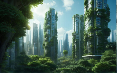 Urban Oasis. Futuristic Cityscape Blends Skyscrapers with Lush Green Forest