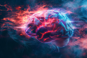 A brain with a flashy light coming out of it in a composition that resembles photorealism, with light red and light indigo colors, representing kinetic energy, in a quantumpunk style.