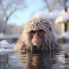 Naklejka premium Japanese macaque soaking in hot spring