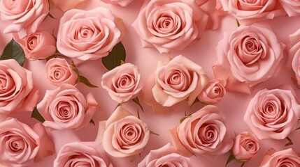 A beautiful spread of blush pink roses arranged on a pastel pink background, highlighting their perfect spirals and soft petals