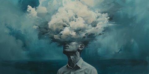 A man is standing on his head with a large cloud on top, portrayed in a photorealistic portrait style, in dark cyan color, with psychological intensity, in a corporate punk style. - obrazy, fototapety, plakaty