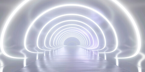 white tunnel with circular beams of light,