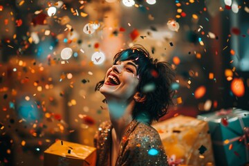 Laughing woman surrounded by present boxes, enveloped in a cascade of vibrant confetti generative ai