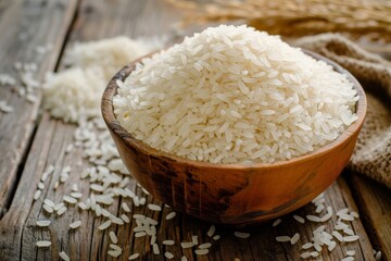 A heaping bowl of white rice on a rustic wooden table with scattered grains.