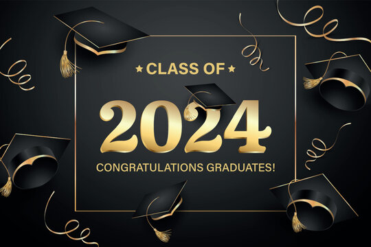  Vector illustration. Class of 2024 badge design template in black and gold colors. Congratulations graduates 2024 banner sticker card with academic hat for high school or college graduation