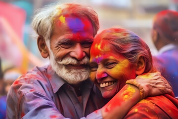 Joyful Holi Celebration.  Senior couple smiling with faces covered in vibrant Holi colors, sharing a moment of joy and tradition.