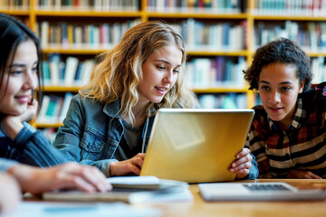 Three girls, presumably students, engrossed in using a tablet to engage with educational content in a library. Generative AI.